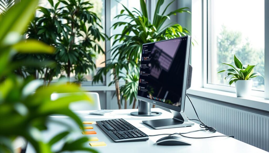 A bright, minimalist workspace with a sleek desktop computer, an ergonomic keyboard, and a high-resolution monitor. Lush greenery and natural light pour in through large windows, creating a serene, focused atmosphere. Strategically placed, colorful sticky notes and a meticulously organized workspace suggest the attention to detail and creative problem-solving skills of a prompt engineering specialist. The scene conveys a sense of professionalism, innovation, and technical expertise.