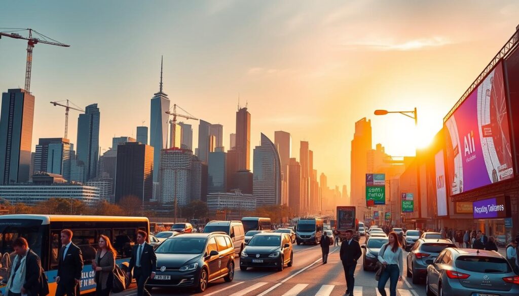 A bustling city skyline at golden hour, with towering skyscrapers and cranes dotting the horizon. In the foreground, a bustling street scene with people going about their daily lives - professionals in business attire, delivery workers, and pedestrians. The middle ground showcases various real-world applications of AI, such as self-driving cars, smart home devices, and digital billboards. The background is filled with a warm, vibrant glow, creating a sense of energy and progress. The image is captured with a wide-angle lens, emphasizing the scale and scope of the urban landscape and the pervasive integration of AI technology into everyday life.