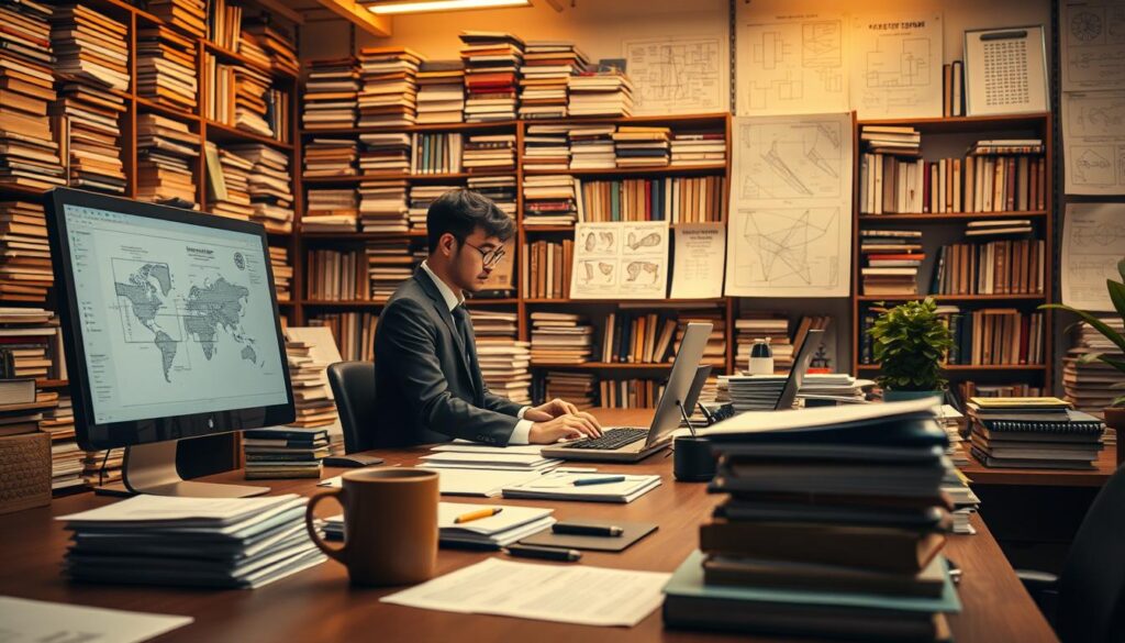 A bustling office scene, with a large desk in the foreground adorned with a sleek computer, coffee mug, and stacks of papers. In the middle ground, a person in a suit intently tapping away at the keyboard, lost in thought. The background is filled with towering shelves of books and technical diagrams, casting a warm, focused glow over the scene. Warm, diffused lighting floods the space, creating a contemplative atmosphere. The overall composition suggests the intricate, analytical nature of prompt engineering, a burgeoning career path at the intersection of creativity and technology.