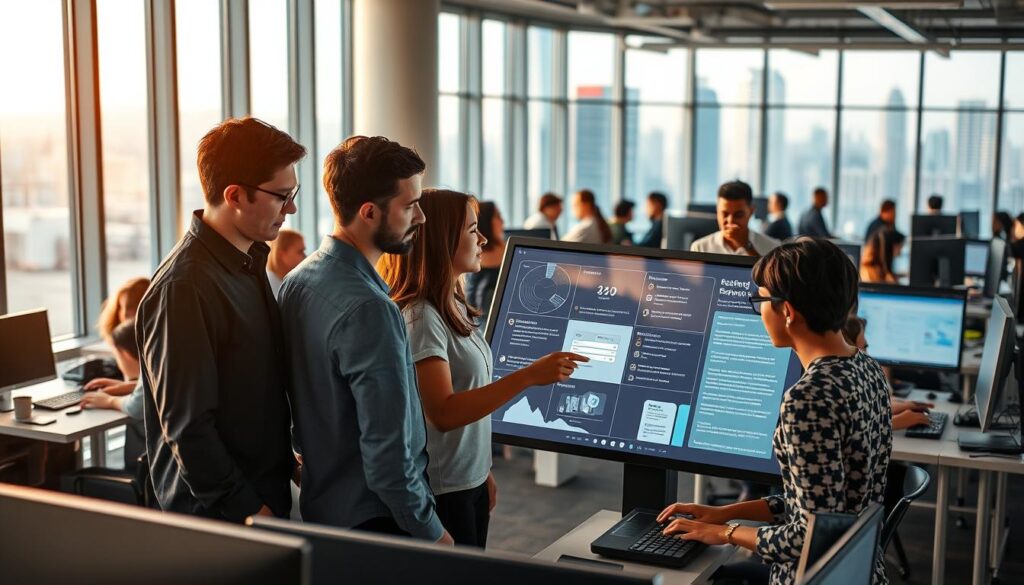 A bustling office scene with a team of prompt engineers collaborating on a cutting-edge AI project. The foreground features a group of professionals gathered around a large touch screen display, engaged in lively discussion and analysis of intricate prompts. Soft, warm lighting illuminates their faces, conveying a sense of focus and creative energy. In the middle ground, rows of desks and workstations are occupied by additional team members, their fingers dancing across keyboards as they refine and iterate on prompt designs. The background showcases floor-to-ceiling windows overlooking a vibrant cityscape, hinting at the scale and ambition of the prompt engineering business. An atmosphere of innovation, problem-solving, and exceptional customer service permeates the scene.