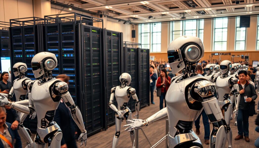 A bustling tech conference filled with models of cutting-edge AI systems, each showcasing its unique capabilities. In the foreground, sleek humanoid robots engage in fluid movements, their metallic frames glinting under the warm, diffused lighting. In the middle ground, towering data servers hum with activity, their intricate cooling systems and blinking indicator lights a testament to the power of modern computing. The background is a panoramic view of the conference hall, its high ceilings and expansive windows allowing natural light to flood the space, creating an atmosphere of innovation and progress. The overall mood is one of awe and excitement, as the audience marvels at the rapid advancements in artificial intelligence and its potential to transform the world.