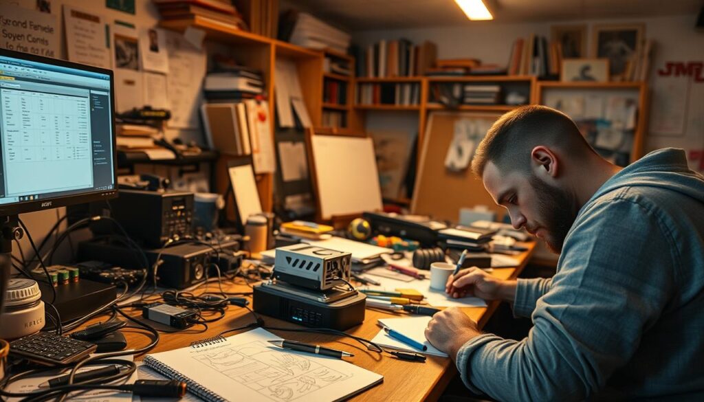 A bustling workspace with an array of digital devices, cables, and project materials scattered across a cluttered desk. In the foreground, a laptop displays a complex software interface, its screen casting a soft glow on the user's face as they intently focus on the task at hand. In the middle ground, a 3D-printed prototype and a sketchpad with scribbled notes hint at the creative process. The background is filled with bookshelves, whiteboards, and mood boards, reflecting the multifaceted nature of the prompt engineer's role. Warm, directional lighting casts dynamic shadows, evoking a sense of focus and productivity. The overall atmosphere conveys the passion and hands-on experience required to excel in this field.
