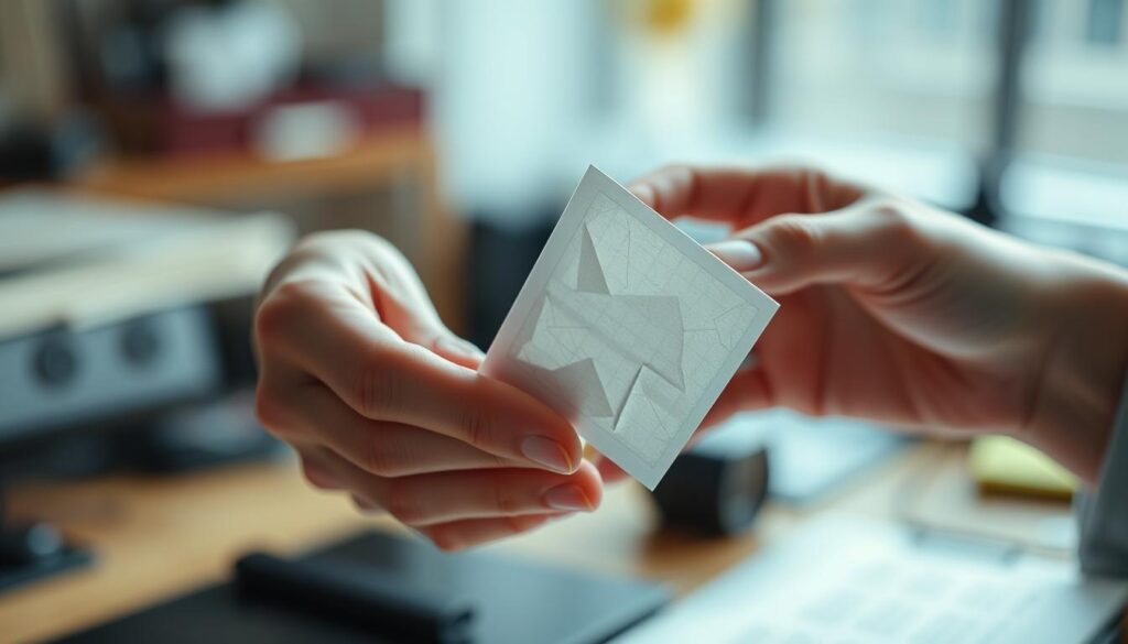 A close-up shot of a person's hands, delicately holding a few cards or pieces of paper, representing the concept of "few-shot prompting" in AI. The cards are slightly crumpled, giving a sense of experimentation and exploration. The lighting is soft and diffused, creating a contemplative mood. The background is blurred, with hints of a workspace or studio environment, keeping the focus on the hands and the cards. The overall composition should convey the idea of a person carefully crafting and refining prompts, as a key aspect of prompt engineering in AI.