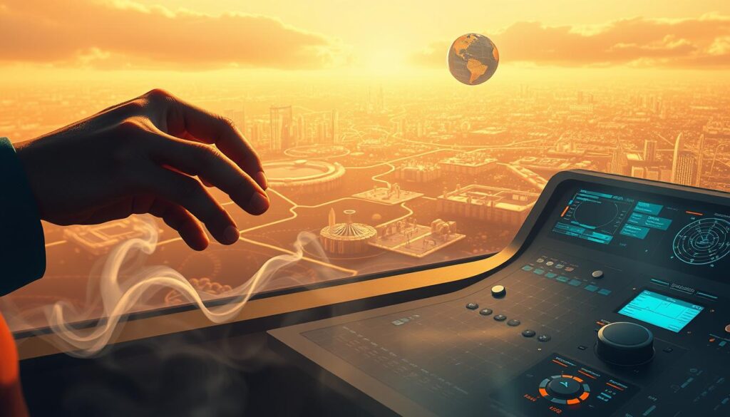 A digital illustration showcasing the art of prompt engineering. In the foreground, a hand crafting an intricate prompt, the words flowing like wisps of smoke. In the middle ground, a vast landscape of abstract concepts and ideas, interconnected and shimmering with creative potential. In the background, a technologically advanced control panel, with dials, switches, and screens displaying complex data visualizations. Warm, muted tones create a contemplative atmosphere, while dynamic lighting and a cinematic camera angle convey the power and precision of effective prompt design.