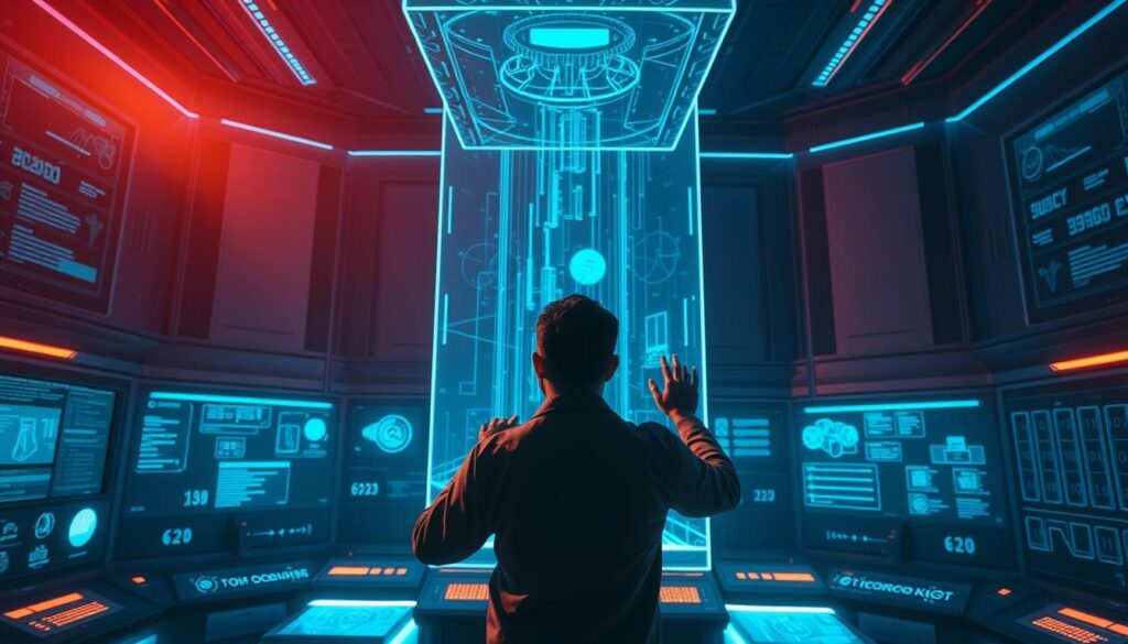 A dimly lit, futuristic control room with a towering holographic display at the center. In the foreground, a person standing before the display, their hands gesturing intricately as they manipulate the virtual interfaces. The room is bathed in a warm, neon glow, with subtle details like data streams, wireframe models, and holographic control panels visible in the background. The atmosphere is one of deep focus and technical mastery, as the prompt engineer explores the intricacies of image generation.