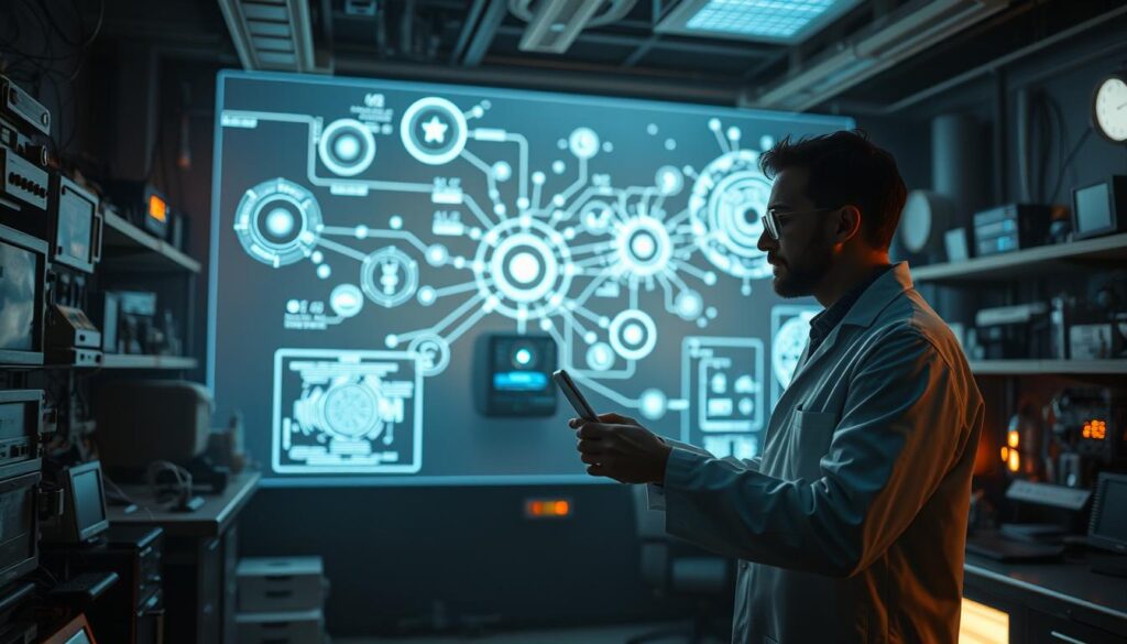 A dimly lit, futuristic laboratory filled with a variety of high-tech equipment and holographic displays. In the foreground, a scientist wearing a lab coat is intently focused on a complex multi-modal interface, their hands deftly manipulating virtual controls. Behind them, a large holographic projection illuminates the room, visualizing the intricate connections and data flows between different AI models and modalities. The atmosphere is one of discovery and innovation, with a sense of wonder and possibility permeating the scene. The lighting is a mix of warm, ambient tones and cool, precise beams, creating a captivating and visually striking environment that highlights the power of prompt engineering to enable cutting-edge, multimodal AI applications.