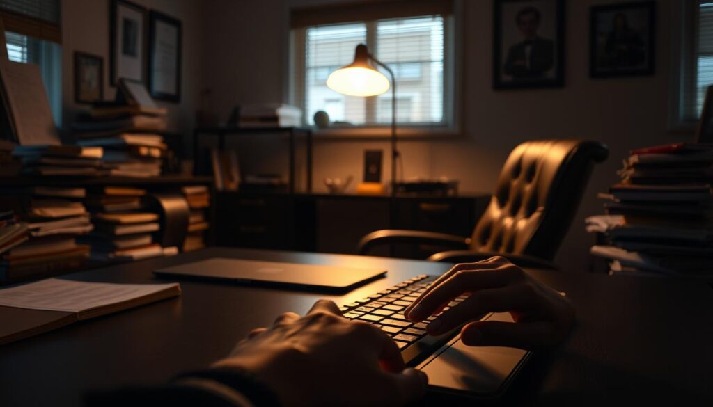 A dimly lit office interior, the warm glow of a desk lamp casting a soft light. Neatly organized stacks of papers, a well-worn leather chair, and a keyboard positioned with precision on a sleek, minimalist desk. In the foreground, a hand hovers over the keyboard, ready to craft the perfect prompt - a fusion of vivid description, technical detail, and atmospheric nuance. The room exudes a sense of focus and expertise, a sanctuary for the prompt engineer's craft.