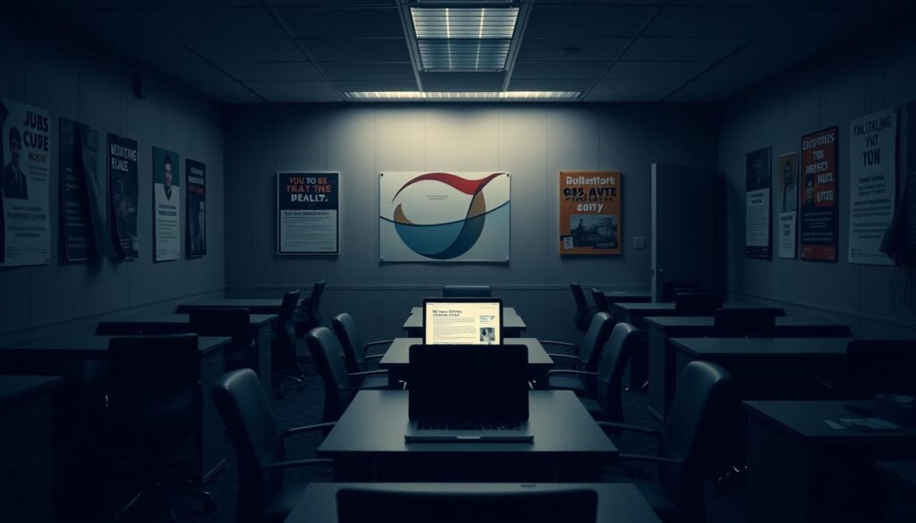 A dimly lit office space, desks and chairs stand empty, a stark contrast to the bustling job market once depicted. The walls are adorned with faded motivational posters, a silent reminder of the fleeting nature of employment trends. In the center, a lone laptop sits on a desk, its screen flickering with job postings that have long since expired. The air is heavy with the weight of uncertainty, as the role of the prompt engineer fades into the background, a casualty of the ever-evolving technological landscape. Soft, overhead lighting casts long shadows, emphasizing the sense of isolation and the need for a new path forward.