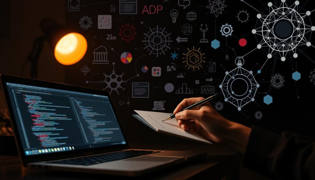 A dimly lit studio setting, illuminated by soft, warm lighting. In the foreground, an open laptop displays various coding interfaces and text editors, representing the versatility of prompt engineering across modalities. In the middle ground, a hand holding a pen hovers over a notepad, jotting down ideas and refining prompts. Surrounding the central elements, a collage of abstract shapes, symbols, and visual representations of language models, neural networks, and other AI-driven technologies create a visually striking backdrop, conveying the complexity and interconnectedness of multimodal prompt techniques. The overall atmosphere is one of contemplation, exploration, and the intersection of human creativity and technological innovation.