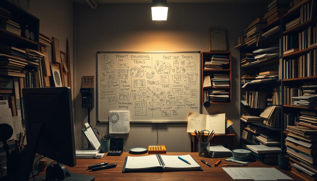 A dimly lit studio space, filled with an array of creative tools and media. In the foreground, a desk hosts a computer, notebook, and various pens and pencils, hinting at the process of prompt engineering. The middle ground features a whiteboard covered in scribbled notes and diagrams, representing the ideation and refinement of prompts. In the background, shelves hold an assortment of books, papers, and inspirational materials, conveying the depth of knowledge required. Warm, soft lighting casts a contemplative mood, as if inviting the viewer to embark on their own prompt engineering journey. The scene evokes a sense of focus, curiosity, and the pursuit of mastering the art of generating powerful, imaginative images.