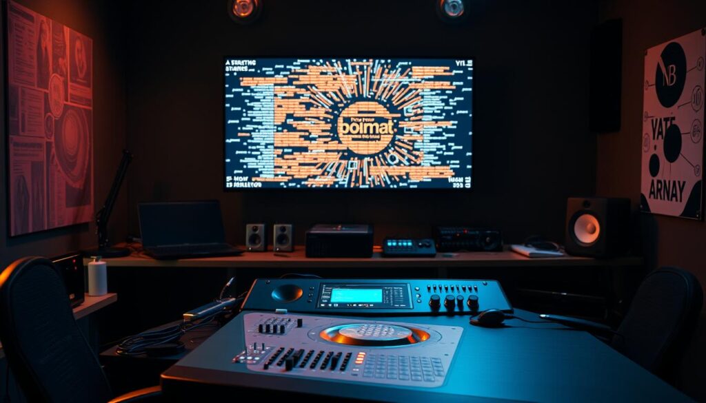 A dimly lit studio with a desk, a laptop, and various electronic devices. On the desk, a futuristic-looking control panel with knobs, sliders, and a large central display. In the background, a wall-mounted monitor shows a visual representation of text-to-image generation, with intricate data visualizations and algorithms. The lighting is a mix of warm and cool tones, creating a sense of depth and mystery. The overall atmosphere is one of concentration and focus, reflecting the technical nature of prompt engineering.