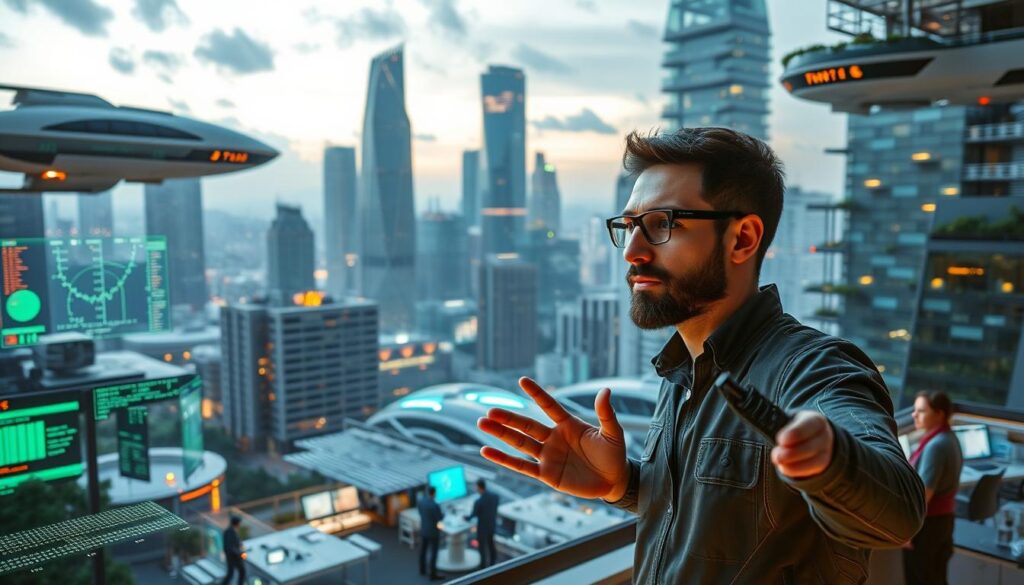 A futuristic cityscape, illuminated by holographic displays and floating transport modules. In the foreground, a prompt engineer gestures dynamically, manipulating virtual interfaces with nimble fingers. Intricate data visualizations and coded projections surround them, reflecting the depth of their analytical prowess. In the middle ground, collaborative teams work in open, tech-forward workspaces, discussing strategies and iterating on creative concepts. The background reveals a skyline of towering, eco-conscious skyscrapers, their facades adorned with verdant living walls. An atmosphere of innovation, adaptability, and technological mastery permeates the scene, hinting at the transformative role of prompt engineers in shaping the future.