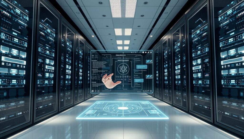 A futuristic data center, sleek and minimalist, with towering server racks illuminated by soft, ambient lighting. In the foreground, a holographic control interface hovers, enabling precise manipulation of system parameters and information flows. The middle ground features an operator, their hands gracefully guiding the interface, immersed in a seamless interaction with the digital realm. The background is a panoramic view of the data center, with discreet monitoring stations and a serene, contemplative atmosphere, conveying a sense of orchestrated control over the complex flow of digital context.