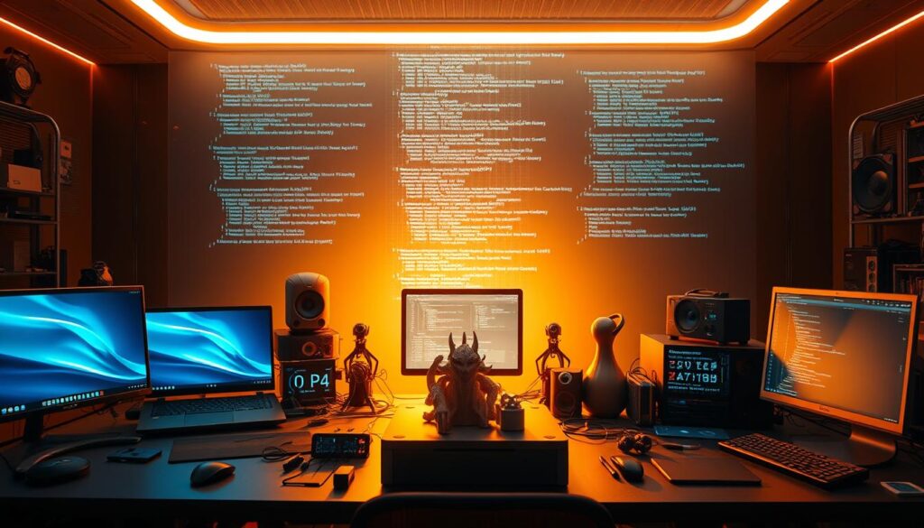 A futuristic tech workstation comes to life, bathed in a warm, soft glow. In the foreground, an array of cutting-edge devices and tools - sleek laptops, high-resolution displays, and an assortment of peripherals - arranged with precision. The middle ground showcases a 3D-printed model, a tangible manifestation of digital creation. Towering in the background, a holographic projection illuminates the space, displaying complex algorithms and code snippets, the essence of a coder's toolkit. The scene emanates a sense of technological prowess, a workspace that empowers the prompt engineer to elevate their craft, level up their skills, and unlock new realms of creative expression.