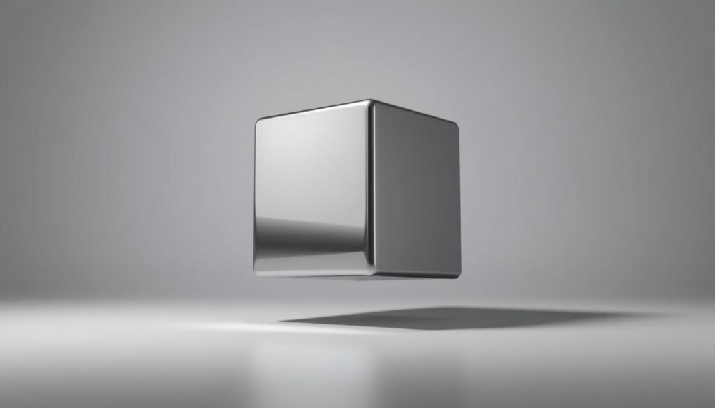 A gleaming metallic cube, its polished surface reflecting the soft, diffused light of a modern studio. The cube appears to float, suspended in mid-air, casting a subtle shadow on the matte gray backdrop. The scene is minimalist and clean, with a sense of balance and symmetry. The lighting is directional, creating dramatic highlights and shadows that accentuate the cube's geometric form. The overall mood is one of contemplation and simplicity, inviting the viewer to focus on the essence of the "prompt" concept.