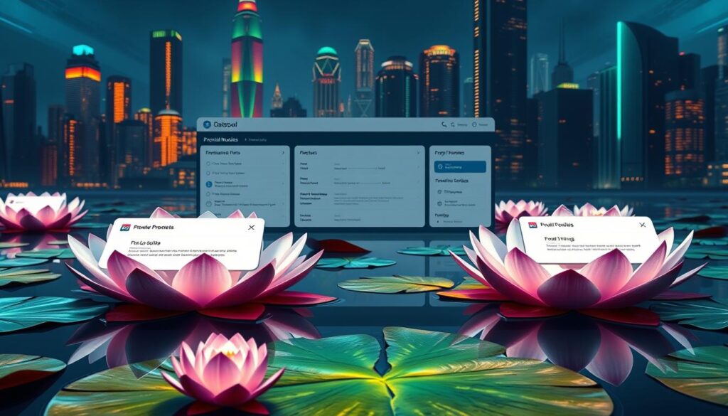 A high-tech interface with a vibrant lilypad motif, showcasing a collaborative prompt engineering platform. In the foreground, a series of customizable prompt modules float atop a serene digital pond, their interactive icons and settings radiating a soft, ethereal glow. The middle ground features a sleek, minimalist dashboard with version control tools, allowing seamless collaboration and prompt versioning. The background depicts a futuristic cityscape, its towering, neon-lit skyscrapers hinting at the cutting-edge nature of the technology. Dramatic, directional lighting casts dramatic shadows, imbuing the scene with a sense of depth and technical sophistication. The overall mood is one of innovation, precision, and the seamless integration of human creativity and advanced software capabilities.