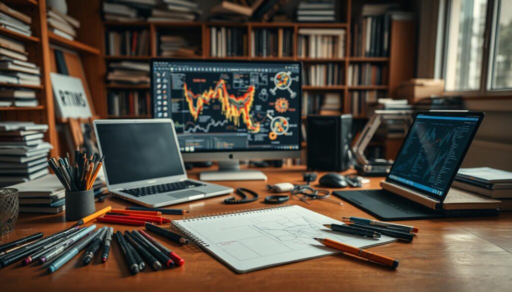 A highly detailed, meticulously rendered image of a workbench covered with a variety of professional-grade tools and equipment used in prompt engineering. In the foreground, an assortment of pens, pencils, markers, and a sketchpad lie atop the wooden surface. In the middle ground, a state-of-the-art laptop, a sleek graphics tablet, and a high-resolution monitor display complex data visualizations. In the background, bookshelves overflow with reference materials on machine learning, natural language processing, and creative coding. The scene is bathed in warm, directional lighting that casts dramatic shadows, creating a sense of focus and intensity. The overall mood is one of serious, dedicated work in the pursuit of mastering the craft of prompt engineering.