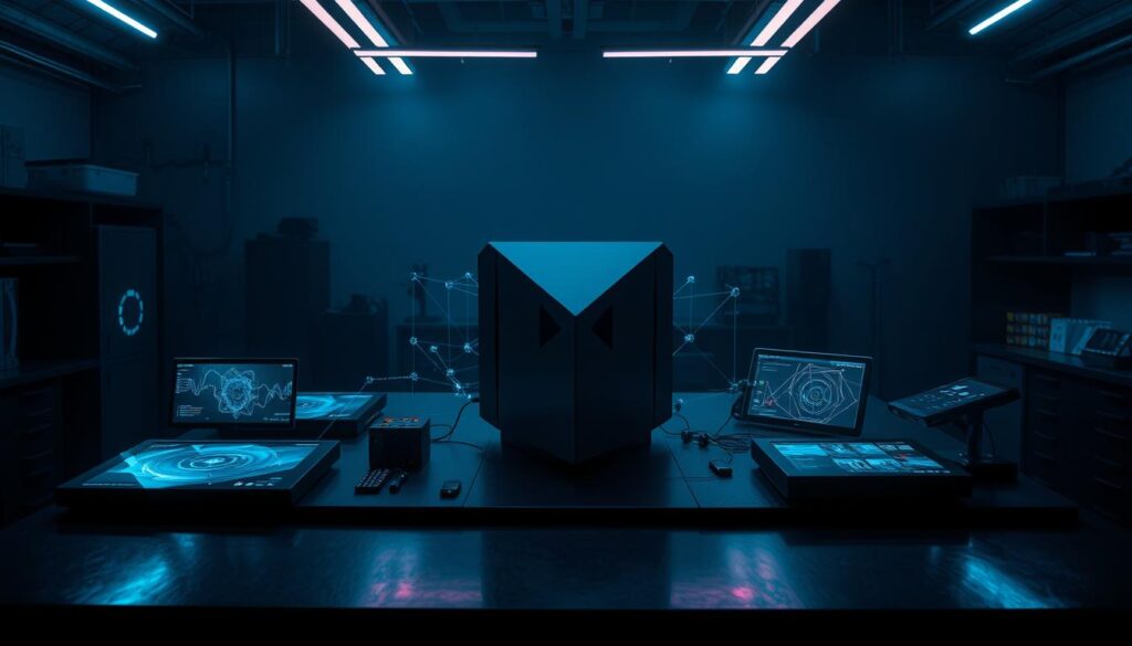 A laboratory setting, dimly lit with pulsing neon accents. On a sleek black worktable, a collection of futuristic devices - touchscreens, holographic interfaces, and an enigmatic machine at the center, its angular form casting long shadows. Quantum-inspired visualizations flicker across the surfaces, as if the machine is contemplating endless possibilities. The air is charged with anticipation, hinting at the transformative power of "zero-shot prompting" - the ability to tackle complex tasks with just a few words, unlocking the true potential of AI. An atmosphere of innovation and discovery pervades the scene, inviting the viewer to peer into the future of intelligent systems.