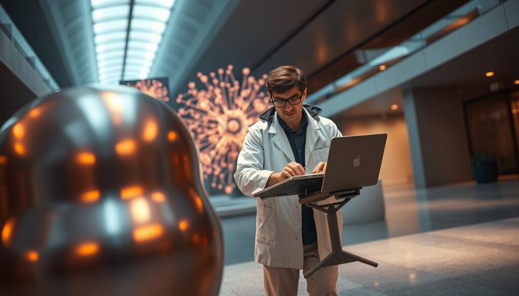 A large language model stands prominently in the foreground, its metallic exterior shimmering under warm, focused lighting. In the middle ground, a person wearing a lab coat and goggles carefully types into a futuristic-looking console, their fingers dancing across the keyboard. Behind them, a complex neural network visualization pulses and shifts, hinting at the intricate inner workings of the model. The scene is set against a backdrop of sleek, minimalist architecture, conveying a sense of technological sophistication and the cutting edge of artificial intelligence research. The atmosphere is one of intense focus and collaborative exploration, as the prompt engineer seeks to unlock the full potential of the powerful language model.