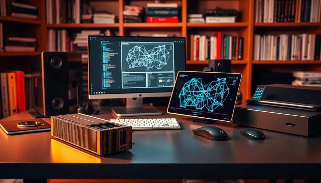 A meticulously curated collection of AI tools and models, meticulously arranged on a sleek and modern desk. In the foreground, a powerful GPU, its metallic casing gleaming under warm, directional lighting. Beside it, a touchscreen interface displaying intricate neural network diagrams, the interface's clean, minimalist design exuding a sense of technological sophistication. In the middle ground, an array of high-tech peripherals - a state-of-the-art keyboard, a cutting-edge mouse, and a pen tablet for precise input. The background features shelves lined with reference books, coding manuals, and technical journals, creating an atmosphere of intellectual curiosity and dedication to the craft of AI engineering.