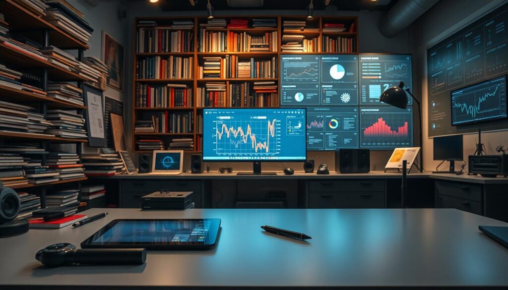 A meticulously designed workspace, with an array of tools and gadgets scattered across a sleek, minimalist desk. In the foreground, a digital tablet and stylus lay poised, ready to capture the next innovative prompt. Towering in the middle ground, a towering bookshelf filled with reference materials and technical tomes, casting warm, directional lighting across the scene. In the background, a large monitor displays a visual dashboard, tracking the progress and iterations of the prompt engineering process. The overall atmosphere exudes a sense of focus, precision, and the relentless pursuit of perfection in the art of prompt engineering.