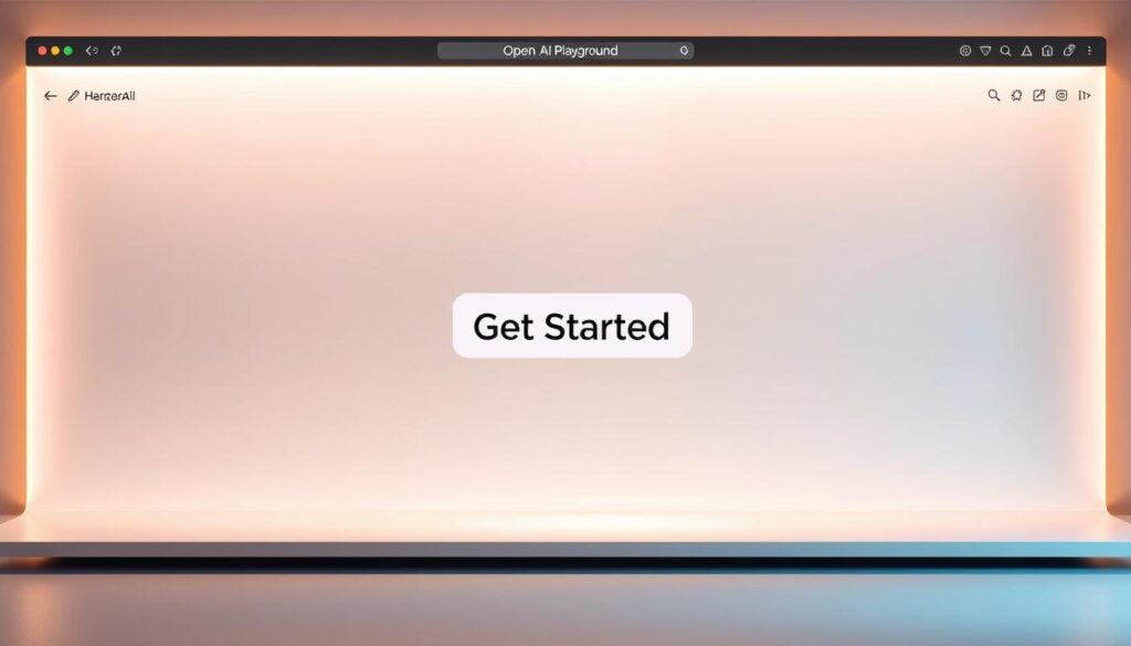 A minimalist, sleek interface of the OpenAI Playground, bathed in a soft, warm light. In the center, a large, inviting "Get Started" button beckons the user, surrounded by neatly organized tools and controls. The background features a subtle, abstract pattern, hinting at the powerful AI technology powering the platform. The overall atmosphere is one of simplicity, approachability, and the excitement of diving into the world of prompt engineering.