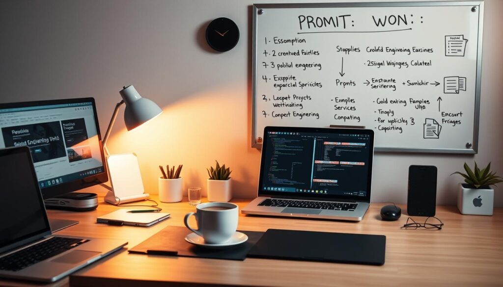 A minimalist workspace with an array of digital devices, a cup of coffee, and an inspirational whiteboard showcasing various prompt engineering examples. The lighting is warm and diffused, casting a cozy glow over the scene. The camera angle is slightly elevated, capturing the workspace in an organized, professional manner. The overall atmosphere is one of focused creativity and practical application of prompt engineering techniques.