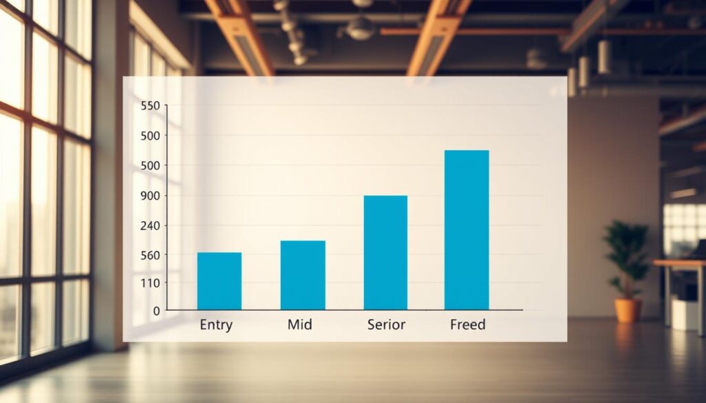 A neatly organized bar chart against a backdrop of a modern office, illuminated by warm, natural lighting from large windows. The bars represent salary levels for different experience levels - entry, mid, senior, and freelance. The chart is rendered in a clean, minimalist style with clear, easy-to-read data visualizations. The overall tone is professional and informative, conveying the subject matter in a visually compelling way.