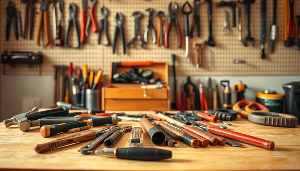 A neatly organized collection of essential tools resting on a clean, wooden workbench. The foreground features an array of hammers, pliers, screwdrivers, and other hand tools, meticulously arranged in a visually pleasing manner. The middle ground showcases a toolbox, its drawers slightly ajar, hinting at the wealth of specialized instruments within. In the background, a wall-mounted pegboard displays a variety of tools, their silhouettes casting subtle shadows that create a sense of depth and dimensionality. The lighting is warm and natural, casting a gentle glow on the scene, evoking a serene, focused atmosphere perfect for a productive workshop. The overall composition is balanced, visually striking, and conveys a sense of order and organization, perfectly encapsulating the essence of the "Tooling and Workflows to Get Started Today" section.