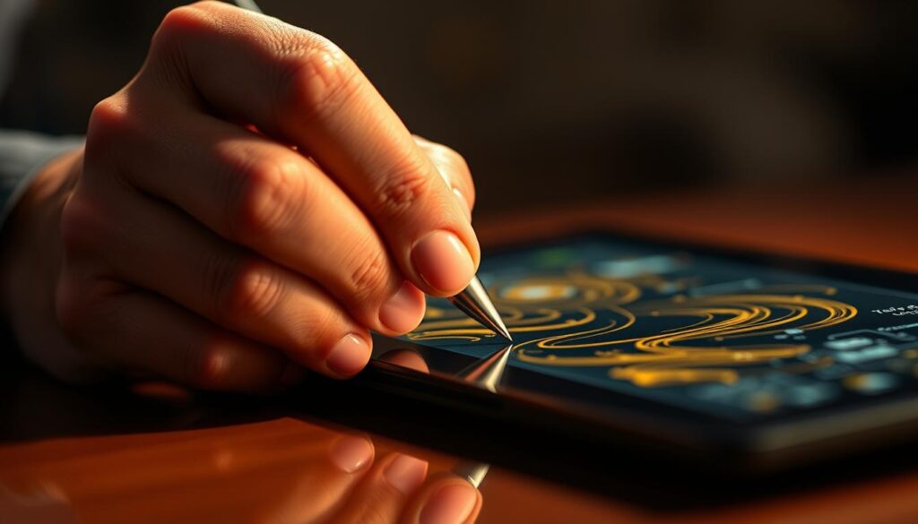 A photorealistic, cinematic close-up of a skilled human hand meticulously guiding a digital pen across a tablet screen, with detailed textures, intricate brushstrokes, and a subtle glow of creativity. The fingers move with graceful precision, as if sculpting a digital masterpiece. The scene is bathed in warm, directional lighting, casting dramatic shadows that enhance the three-dimensional depth and tangibility of the moment. The background is slightly blurred, placing the focus squarely on the act of digital artistry unfolding before the viewer, conveying the essence of prompt engineering in AI.