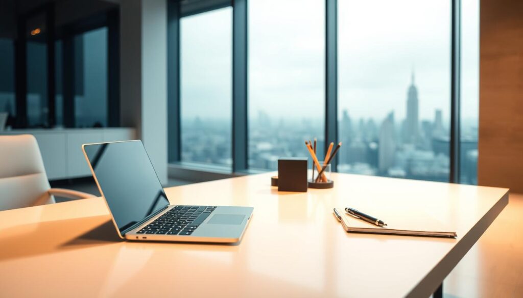 A pristine, well-curated workspace with a sleek, minimalist desk. The desk surface is meticulously organized, featuring a high-end laptop, a sophisticated pen holder, and a carefully selected stationery set. Soft, indirect lighting from a hidden source casts a warm, focused glow, illuminating the scene. In the background, a large, floor-to-ceiling window offers a serene, blurred city skyline, creating a sense of depth and balance. The overall mood is one of thoughtful concentration and attention to detail, perfectly capturing the essence of crafting effective prompts.