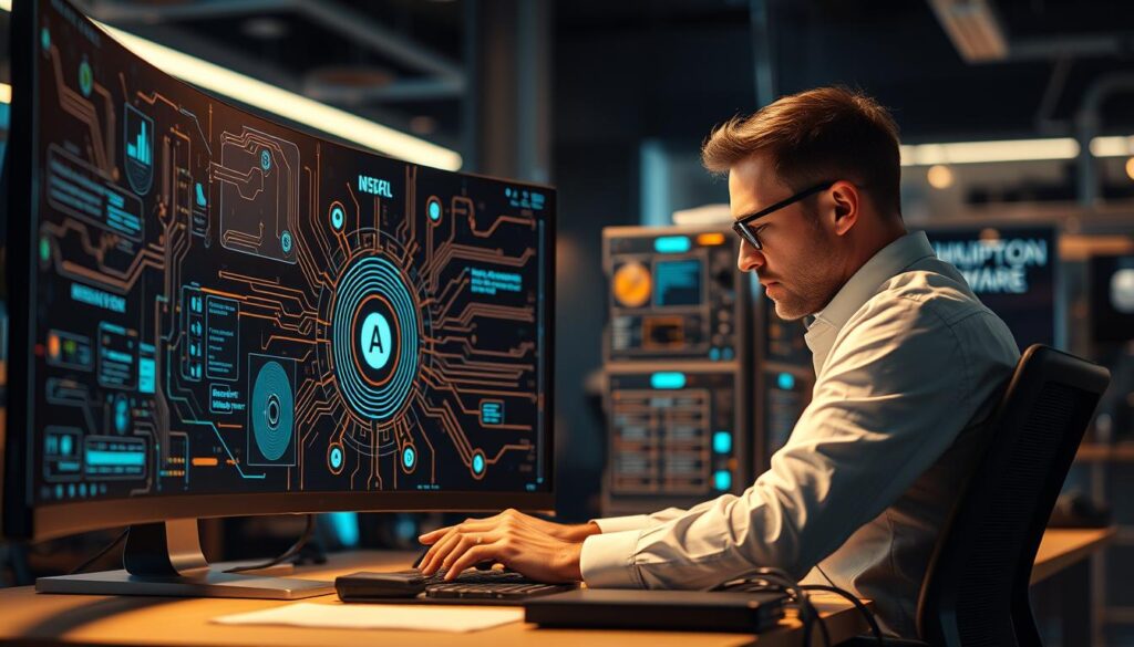 A professional AI prompt engineer, seated at a desk, deep in concentration. Intricate circuitry and data visualizations projected onto a large, curved display before them. Warm, ambient lighting casts a soft glow, highlighting their intense focus. The engineer's workspace is meticulously organized, with an array of specialized tools and devices nearby. The background blurs into a futuristic, technology-infused environment, hinting at the engineer's vital role in unlocking the power of AI through the art of prompt engineering.