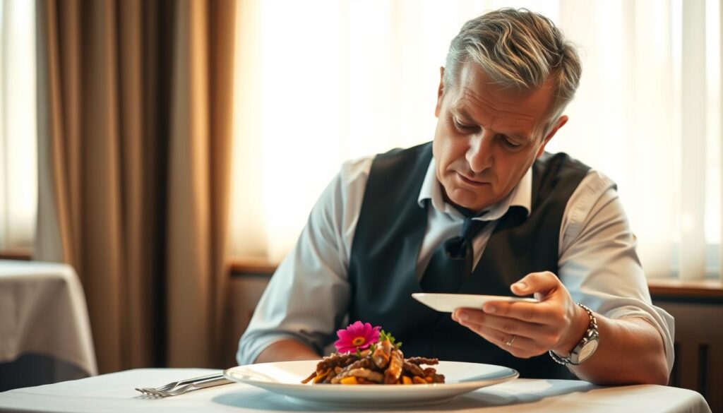 A professional food critic sits at a table, meticulously examining a dish presented before them. The critic's face is set in a contemplative expression, brow furrowed as they scrutinize the plate with intense focus. The table is adorned with a crisp white tablecloth, and a single stem of a vibrant flower adds a touch of elegance. Soft, directional lighting casts a warm glow, highlighting the textures and colors of the dish. The background is softly blurred, keeping the attention on the critic's critical evaluation. The scene conveys a sense of thoughtful, discerning judgment, as the critic diligently performs their role in the culinary world.
