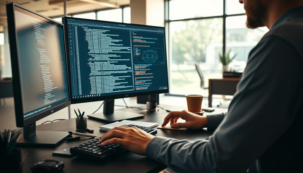 A professional prompt engineer sitting at a desk, intently focused on their computer screen. The foreground features their hands typing on a mechanical keyboard, the screen displaying lines of code and AI model diagrams. In the middle ground, various tools and gadgets are neatly arranged, including a notebook, pens, and a cup of coffee. The background showcases a minimalist, modern office setting with large windows allowing natural light to flood the space, creating a serene and productive atmosphere. Warm, indirect lighting illuminates the scene, casting soft shadows and highlighting the engineer's concentration.