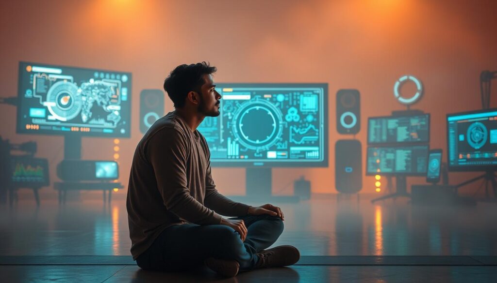 A serene and contemplative scene of a person pondering the ethics of prompt engineering against a backdrop of emerging AI technologies. The foreground features a thoughtful individual sitting cross-legged, their expression thoughtful as they gaze upon a glowing holographic interface displaying complex algorithms and data visualizations. The middle ground showcases an array of futuristic devices and screens, hinting at the rapid advancements in AI. The background is shrouded in a soft, ambient glow, conveying a sense of wonder and the weight of the ethical considerations at hand. Warm lighting accentuates the introspective mood, inviting the viewer to ponder the responsible use of these powerful tools.