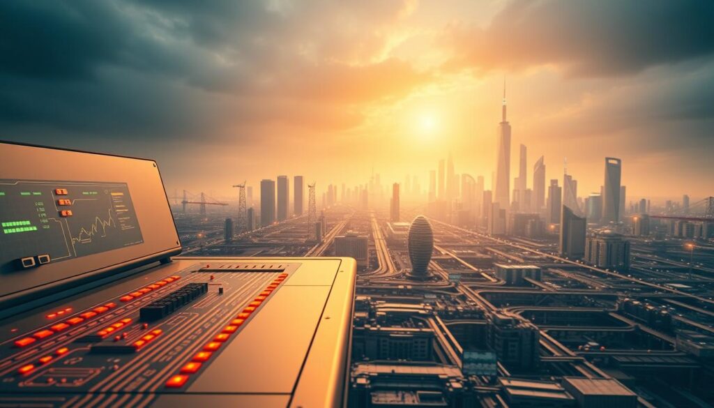 A serene and secure technological landscape, bathed in warm, soft lighting. In the foreground, a sleek, metallic control panel with intricate circuits and glowing indicators, symbolizing the meticulous engineering behind prompt safety. The middle ground features a complex network of interconnected nodes and pathways, representing the reliable infrastructure that powers prompt-based systems. In the background, a towering, futuristic cityscape, its skyscrapers and structures reflecting the advanced, cutting-edge nature of prompt engineering. The overall atmosphere conveys a sense of order, precision, and unwavering dedication to ensuring the reliability and security of prompt-driven applications.
