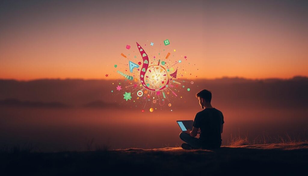 A serene, reflective landscape captures the essence of becoming a prompt engineer. In the foreground, a person sits cross-legged, deep in thought, their gaze fixed on a glowing laptop screen. Warm, diffused lighting bathes the scene, creating a sense of focus and calm. In the middle ground, a myriad of colorful, abstract shapes and patterns swirl around the figure, representing the creativity and innovation inherent in the craft of prompt engineering. The background is a vast, ethereal expanse, suggesting the limitless potential and possibilities that lie ahead for the aspiring prompt engineer. The overall mood is one of contemplation, inspiration, and a journey of self-discovery.