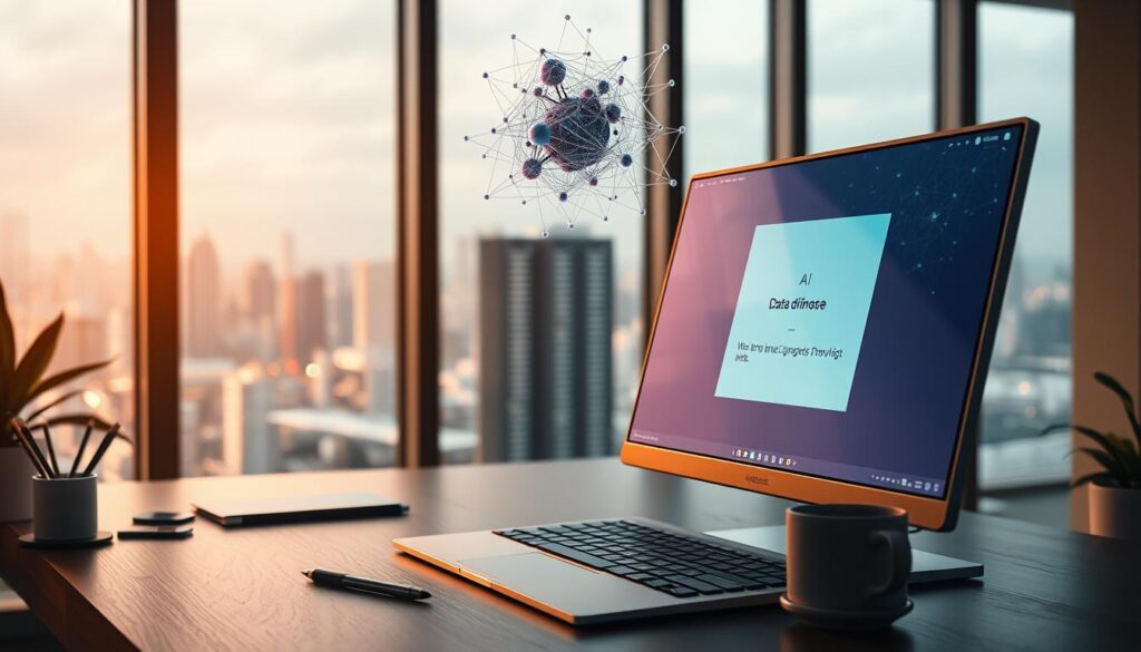 A serene workspace where AI and creativity harmonize. In the foreground, a sleek desktop computer with a high-resolution display showcases a visual representation of a data-driven prompt. Floating above the keyboard, a three-dimensional model of a neural network pulses with energy, symbolizing the synergy between human ingenuity and machine intelligence. The middle ground features an array of tactile tools - a stylus, a sketchpad, and a cup of coffee - hinting at the interplay of analog and digital realms. In the background, a large window overlooks a bustling cityscape, suggesting the global reach and impact of this craft. Soft, warm lighting infuses the scene with a sense of focus and contemplation, inviting the viewer to explore the boundless possibilities of multimodal prompting.