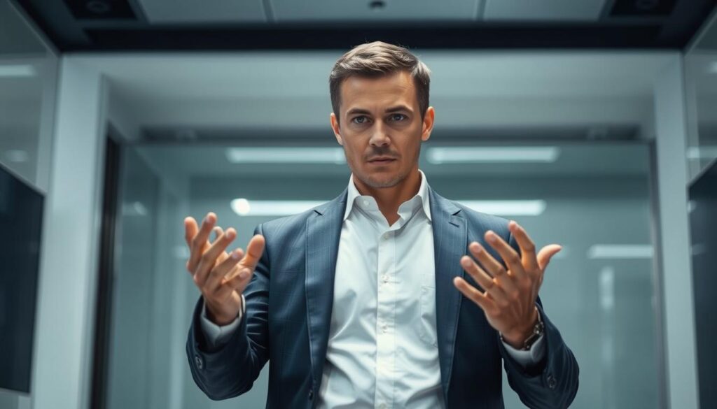 A serious-looking person, dressed in a crisp white shirt and navy blue suit, stands in a sleek, modern office setting. They are intently focused on a holographic display, their hands gesturing as they manipulate the digital interface. The lighting is soft and directional, casting dramatic shadows and highlights on the subject's features. The background is blurred, with a clean, minimalist aesthetic, emphasizing the importance of the prompt engineer's work. The overall atmosphere conveys a sense of professionalism, technological sophistication, and the gravity of the subject's role in shaping the future of AI-powered image generation.