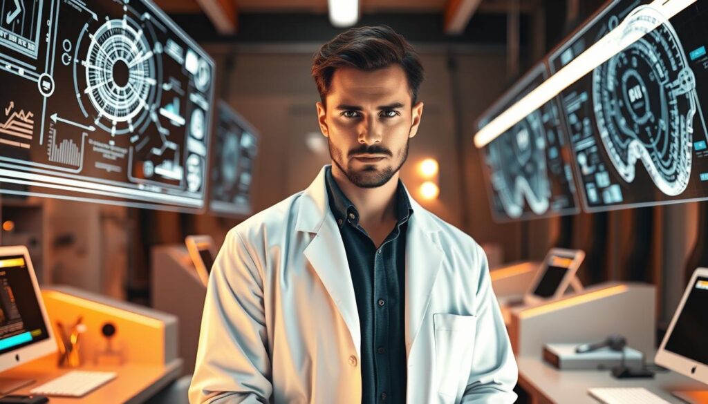 A skilled AI engineer, clad in a crisp white lab coat, standing confidently amidst a futuristic workspace. Holographic interfaces project intricate schematics and data visualizations, casting a warm glow across the scene. The engineer's gaze is focused, brow furrowed in deep concentration as they manipulate the controls, guiding the generative process with precision. Sleek, minimalist workstations and gleaming metallic accents create an atmosphere of advanced technology and innovation. Soft, directional lighting illuminates the engineer's face, highlighting their determination and expertise. The background is blurred, creating a sense of depth and emphasizing the subject as the focal point.