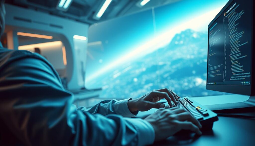 A skilled professional wielding a keyboard, immersed in a digital realm of intricate prompts. In the foreground, a focused gaze, brow furrowed, fingers dancing across the keys. Surrounding this figure, a futuristic workspace bathed in a cool, ambient glow. Sleek, minimalist design elements and cutting-edge technology create an atmosphere of innovation and creativity. In the background, a vast, ethereal landscape of data and code, hinting at the vast possibilities of this emerging field. Soft, diffused lighting casts a contemplative mood, capturing the essence of a prompt engineer - a visionary who transforms language into extraordinary visual experiences.