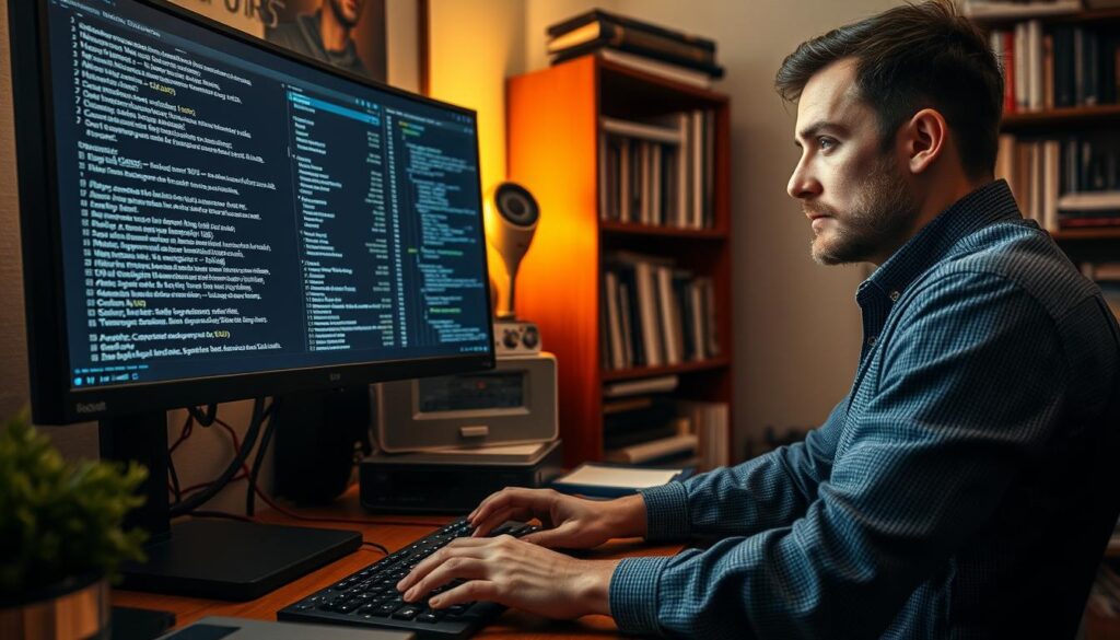 A skilled prompt engineer sits at their workstation, eyes fixed on a screen displaying an intricate array of parameters and settings. The room is bathed in a soft, warm light, creating an atmosphere of focus and creativity. In the foreground, the engineer's hands dance across the keyboard, carefully crafting the precise wording and structure of the prompt - a delicate balance of technical details, imaginative concepts, and artistic vision. The middle ground reveals a thoughtful expression on the engineer's face, brow furrowed in concentration as they refine and refine the prompt, seeking the perfect combination to conjure the desired image. In the background, a bookshelf overflows with references on the art of prompt engineering, hinting at the depth of knowledge and expertise required in this specialized field.