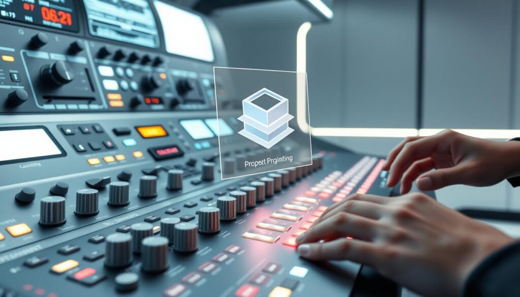 A sleek, metallic control panel illuminated by soft, directional lighting, showcasing a grid of intricate knobs, sliders, and digital displays. In the foreground, a pair of hands delicately adjusting the controls, symbolizing the dexterity and precision required for effective prompt engineering. The middle ground features a holographic projection of a stylized, three-dimensional icon representing the core techniques of prompting, such as layering, specificity, and mood. The background is a futuristic, minimalist environment, hinting at the technological advancements that empower prompt-driven image generation.