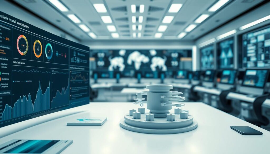 A sleek, minimalist dashboard displaying real-time data visualizations and analytics tracking potential biases in a production AI system. The foreground showcases intuitive graphs and charts monitoring model inputs, outputs, and decision-making. In the middle ground, a 3D model of the AI architecture rotates, highlighting key components. The background is a softly blurred, high-tech control room with banks of monitors and holographic interfaces. Diffuse lighting casts a cool, clinical tone, while the overall composition conveys a sense of vigilance and proactive governance over the AI system.