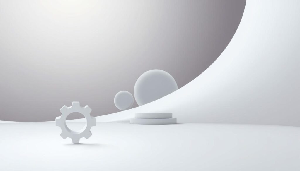 A sleek, minimalist illustration depicting the core components of an effective prompt for a text-to-image AI model. In the foreground, a stylized gear icon represents the technical details - lighting, lens, angles. In the middle ground, abstract shapes and forms symbolize the vivid specificity and layered organization of the prompt. The background features a soft, atmospheric gradient conveying the desired mood. The overall composition is visually balanced, clean, and modern, reflecting the precision and care required for crafting an impactful prompt.