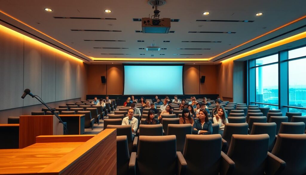 A sleek, modern lecture hall with plush seating and a large projection screen at the front. Warm lighting casts a professional glow, while minimalist decor and high-quality furnishings convey an atmosphere of premium education. In the foreground, a polished wooden lectern stands ready, hinting at the expertise and caliber of the instructors. The middle ground features rows of attentive students, their faces alight with engaged curiosity. In the background, floor-to-ceiling windows offer a scenic vista, suggesting an environment conducive to deep learning and career-enhancing skill development.