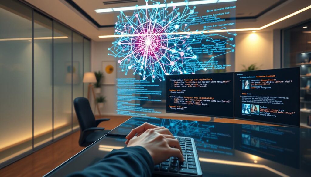 A sleek, modern office interior with a prominently displayed holographic projection of intricate neural networks and lines of code, symbolizing the complexity and power of prompt engineering. In the foreground, a pair of hands deftly typing on a futuristic keyboard, while a high-resolution display showcases various prompts and the resulting AI-generated images. The scene is bathed in a warm, ambient lighting, creating a sense of focus and concentration. The overall atmosphere conveys the importance of prompt engineering in shaping the future of artificial intelligence and language models.