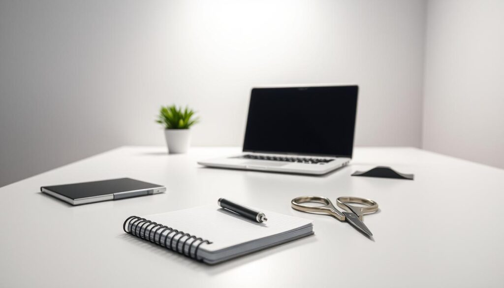 A sleek, modern workspace with a minimalist aesthetic. In the foreground, an assortment of office supplies - a pen, a notebook, and a pair of scissors - arranged neatly on a clean, white desk. Overhead, a soft, diffused light illuminates the scene, casting gentle shadows and highlighting the textures of the materials. In the middle ground, a laptop and a small plant add a touch of life to the composition. The background is a serene, neutral-toned wall, allowing the focal point of the image to take center stage. The overall mood is one of focused productivity and the pursuit of effective, streamlined processes.