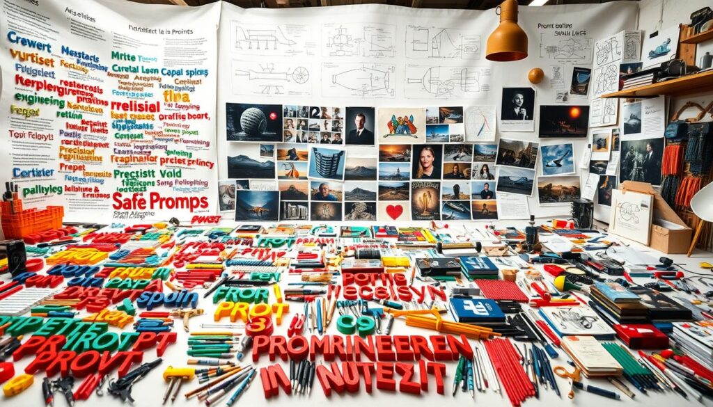 A sprawling, dynamic visual tableau showcasing diverse examples of prompt engineering. In the foreground, a colorful array of carefully crafted prompts appear against a crisp, white backdrop, each one a testament to the art of precision and nuance. The middle ground features a series of visually striking images, their composition and mood reflecting the expressive power of prompt-driven generation. In the background, a bustling workshop-like environment, complete with sketches, diagrams, and tools of the trade, hints at the meticulous process behind effective prompt engineering. Warm, diffused lighting casts a sense of thoughtful exploration, while a subtle depth of field emphasizes the depth and richness of this specialized discipline.