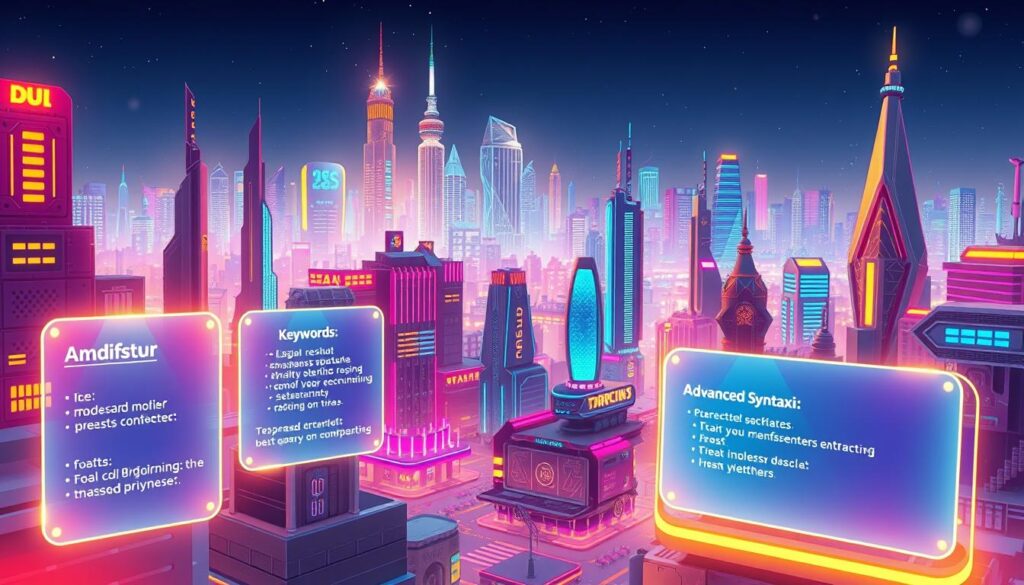 A stylized illustration of various prompting techniques, depicted as a vibrant, futuristic cityscape. In the foreground, a series of glowing holographic panels showcase different prompting methods, such as modifiers, keywords, and advanced syntax. The midground features futuristic buildings and structures, their shapes and designs inspired by the visual language of coding and programming. In the background, a dazzling skyline of gleaming skyscrapers and neon-lit streets, creating an atmosphere of innovation and technological progress. The scene is bathed in a warm, optimistic glow, conveying the excitement and potential of this emerging field of prompt engineering.